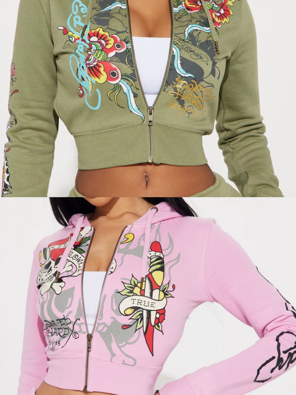 Ed Hardy Olive Green & Pink Cropped Zip Hoodie with Tattoo Graphics